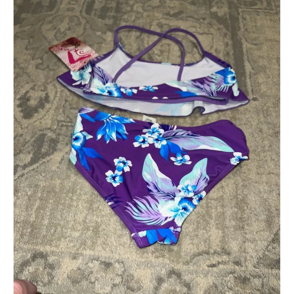 New Kanu Surf‎ Alania Flounce 2 Piece Bikini Beach Floral Purple 10 Youth Girls